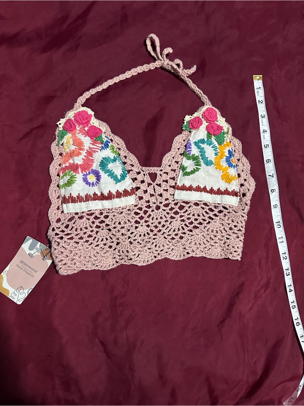 Pink Crochet Floral Embroidered Halter Crop Top